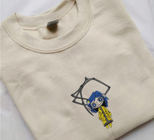 Coraline Sweatshirt, Embroidered Sweatshirt, Cartoon Embroidered Hoodie, Coraline crewneck sweater trendy