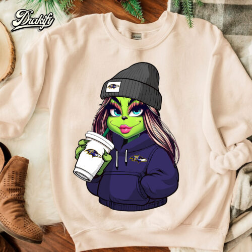 The Grinch Girl Baltimore Ravens Drink Coffee