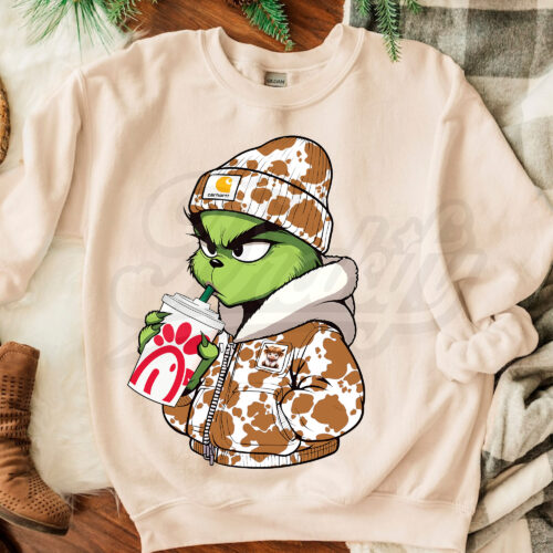 The Grinch Drink Chick Fil A Sweatshirt (Cow Print )