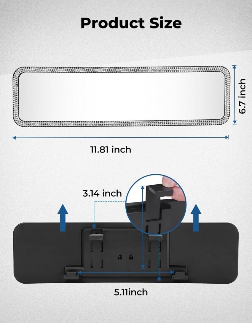 JOYTUTUS Bling Car Rear View Mirror, Universal 11.81 Inch Panoramic Rearview Mirror Accessories with Bling Rhinestones Crystal Diamonds Edge, Interior Clip-on Wide Angle Rear View Mirror -White