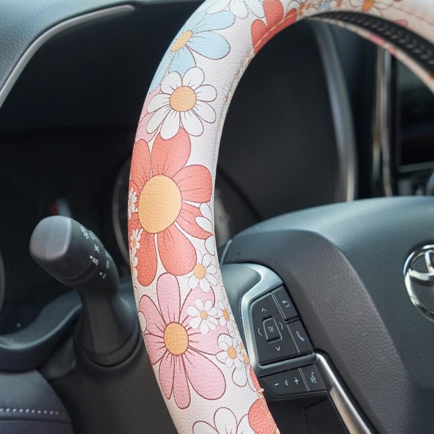 Retro Floral Daisy Colorful Flowers Car Leather Steering Wheel Cover – 15-inch Universal Microfiber- Soft & Breathable & Silicone Anti Slip Auto Steering Wheel Wrap for Women