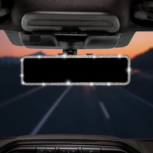 JOYTUTUS Bling Car Rear View Mirror, Universal 11.81 Inch Panoramic Rearview Mirror Accessories with Bling Rhinestones Crystal Diamonds Edge, Interior Clip-on Wide Angle Rear View Mirror -White