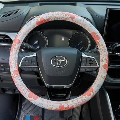 Retro Floral Daisy Colorful Flowers Car Leather Steering Wheel Cover – 15-inch Universal Microfiber- Soft & Breathable & Silicone Anti Slip Auto Steering Wheel Wrap for Women