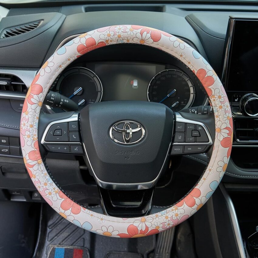 Retro Floral Daisy Colorful Flowers Car Leather Steering Wheel Cover – 15-inch Universal Microfiber- Soft & Breathable & Silicone Anti Slip Auto Steering Wheel Wrap for Women
